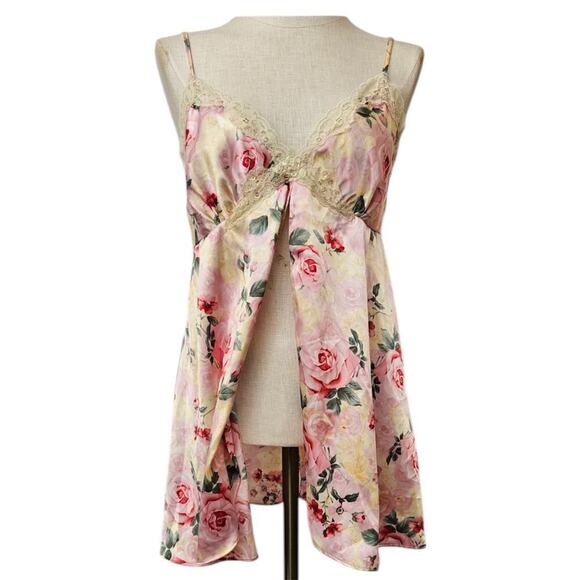 Vtg Rose Print Chemise, Satin Short Slip, Split Front Lingerie, Sz s - Picture 1 of 5